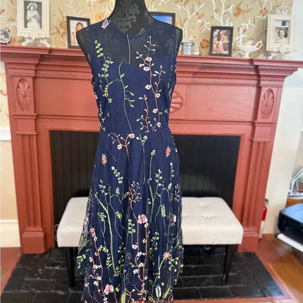 Floral Embroidered Navy Kids Dress